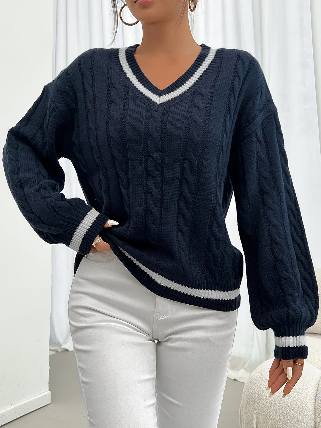 Women's Cable Knit V-Neck Jumper