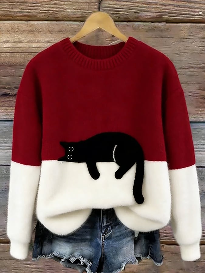Women's Oversized Jumper with Cat Motif