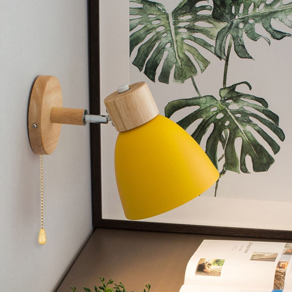 Adjustable Wall Sconce with Wooden Base and Metal Shade Swing Arm Reading Lamp - Image 1