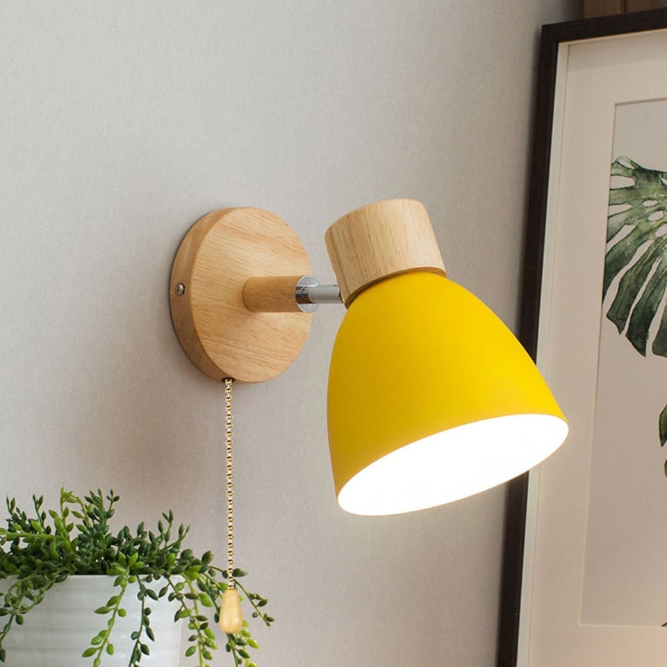 Adjustable Wall Sconce with Wooden Base and Metal Shade Swing Arm Reading Lamp - Image 4