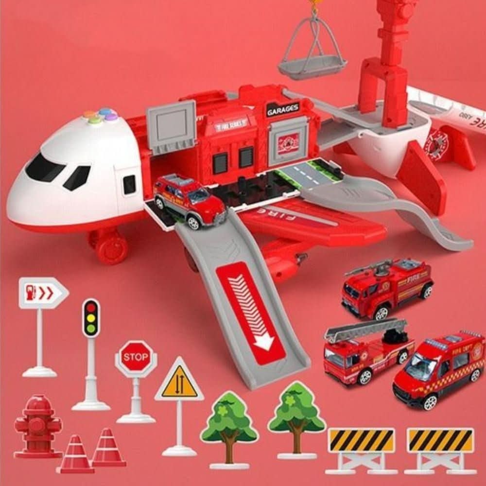 Airplane Toy Playset with Foldable Tracks Working Crane and Mini Vehicles - Image 2