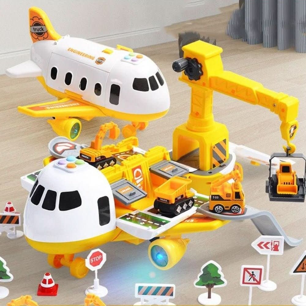 Airplane Toy Playset with Foldable Tracks Working Crane and Mini Vehicles - Image 3