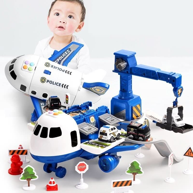 Airplane Toy Playset with Foldable Tracks Working Crane and Mini Vehicles - Image 6