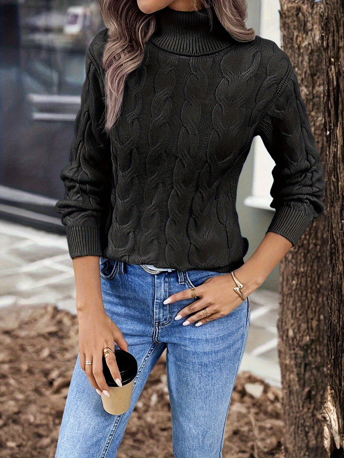 Women's Cable Knit Turtleneck Jumper