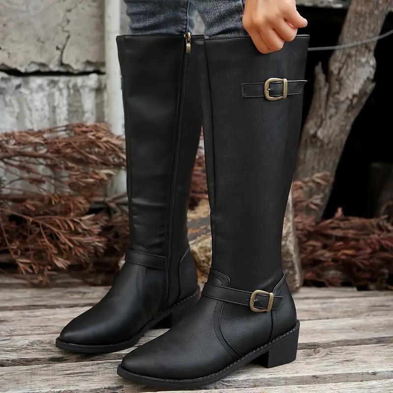 Women's Knee High Leather-Look Buckle Boots