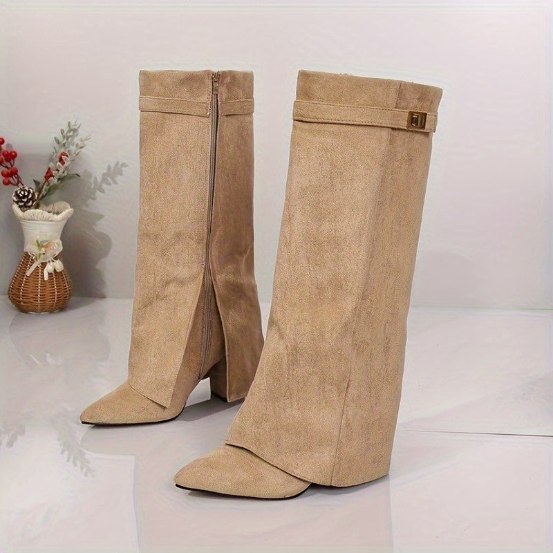 Women's Knee High Suede-Look Block Heel Boots