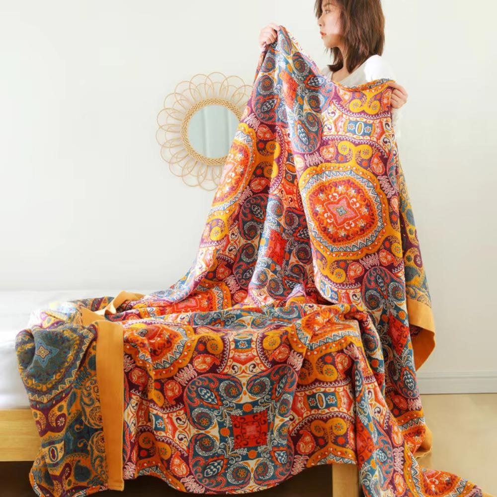 Boho Throw Blanket with Reversible Paisley Mandala Pattern and Decorative Border - Image 1