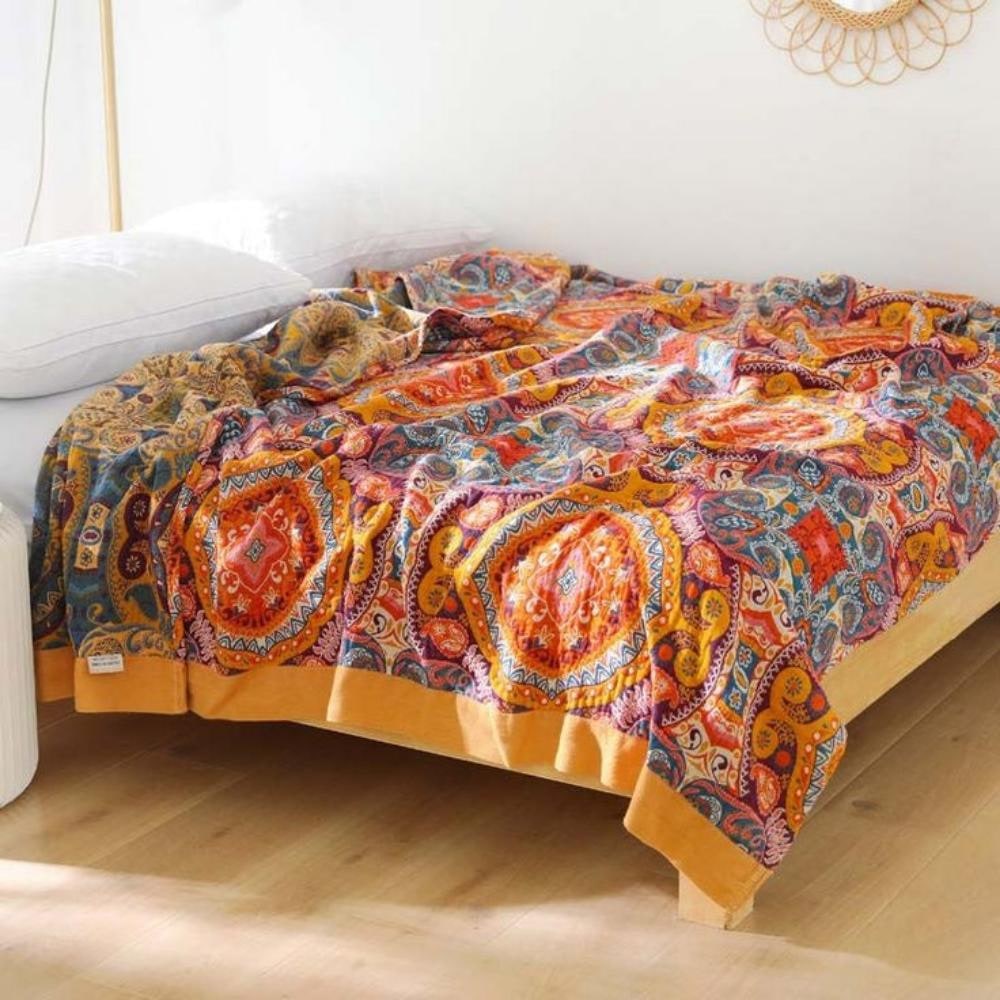 Boho Throw Blanket with Reversible Paisley Mandala Pattern and Decorative Border - Image 2