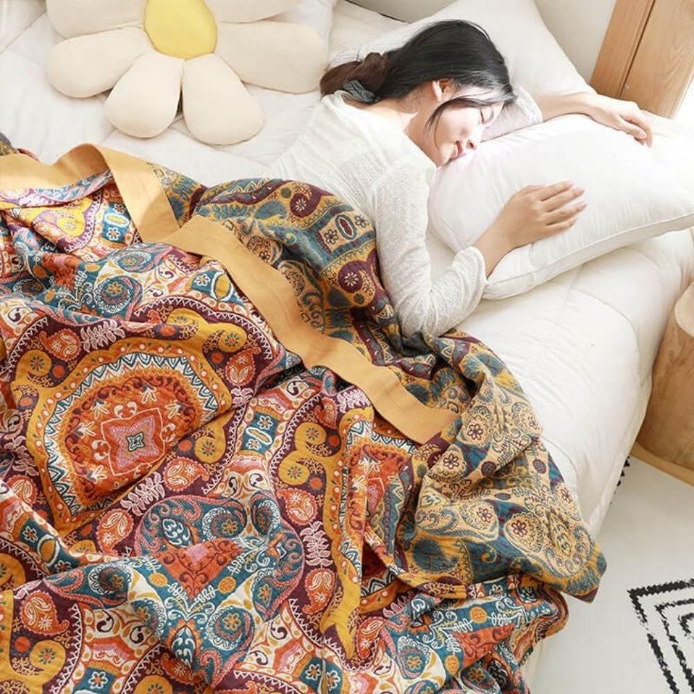 Boho Throw Blanket with Reversible Paisley Mandala Pattern and Decorative Border - Image 3