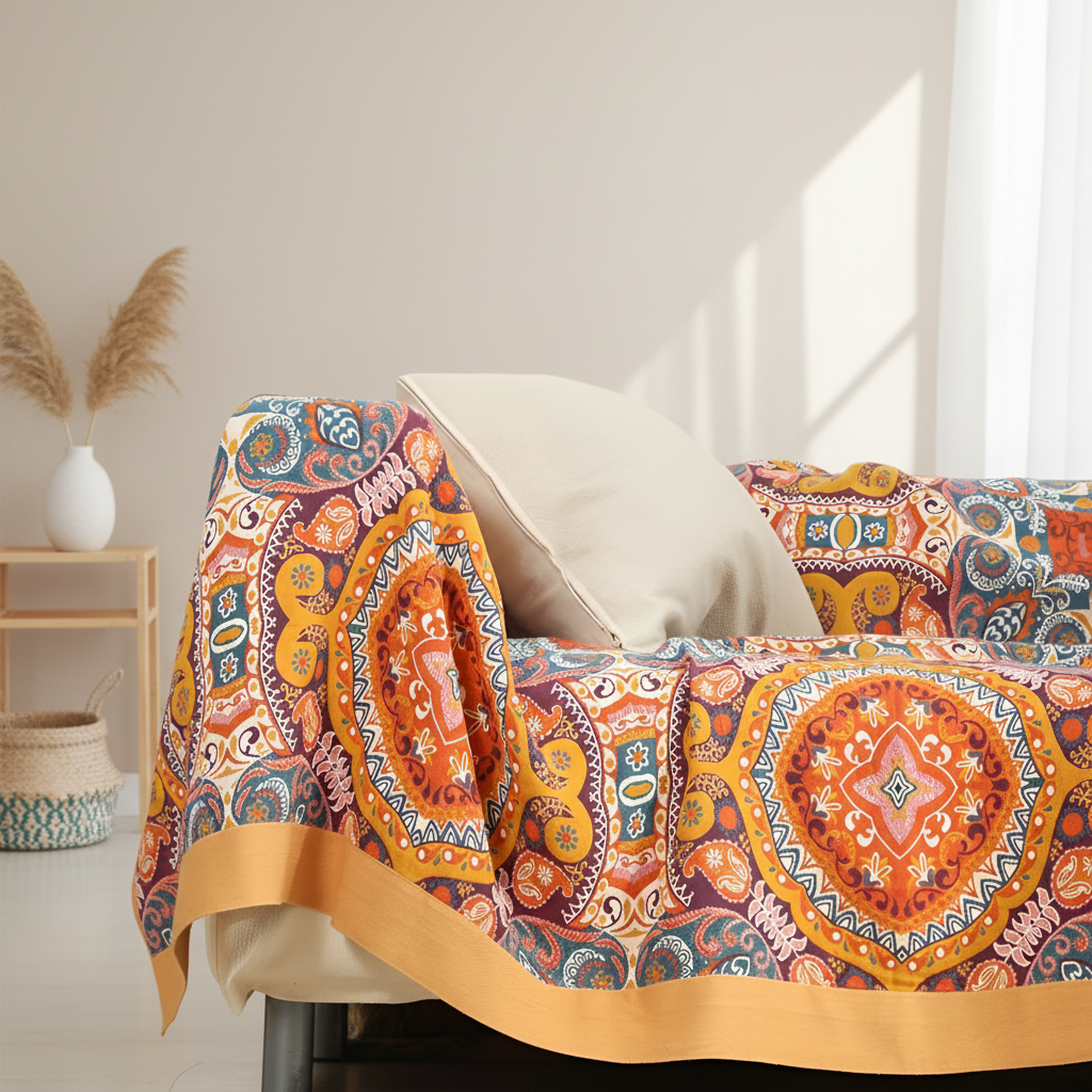 Boho Throw Blanket with Reversible Paisley Mandala Pattern and Decorative Border - Image 6