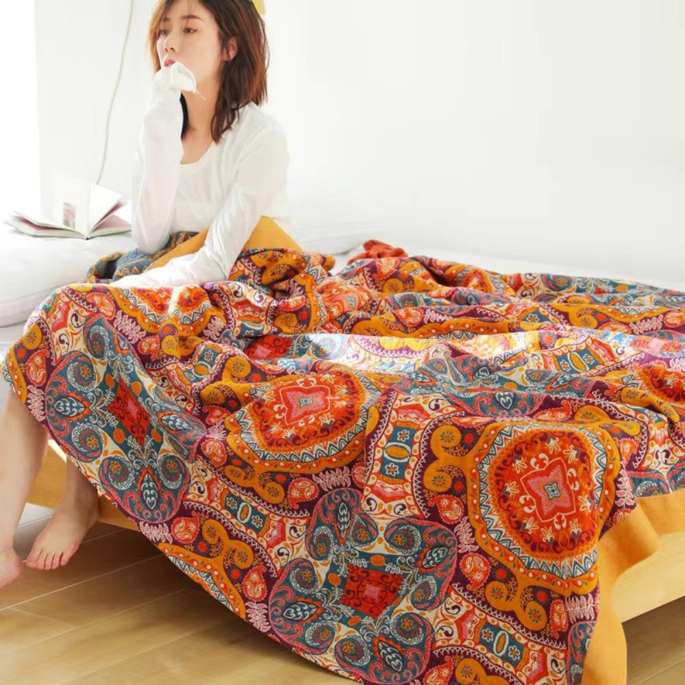 Boho Throw Blanket with Reversible Paisley Mandala Pattern and Decorative Border - Image 7