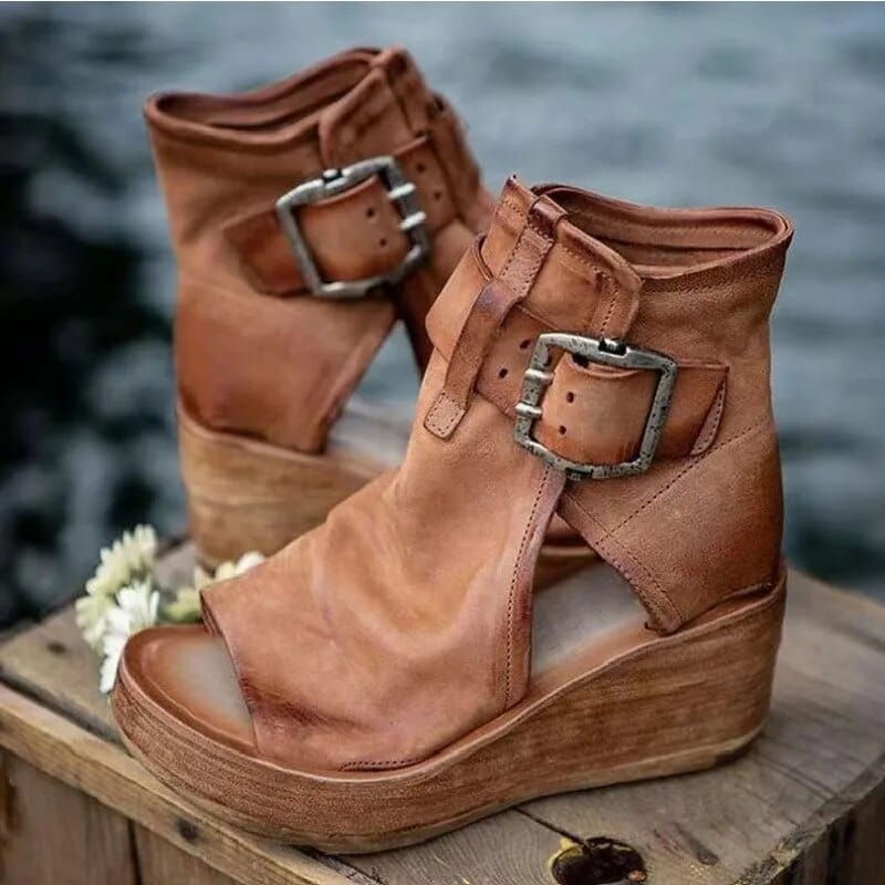 Botines con cuña y punta abierta para mujer