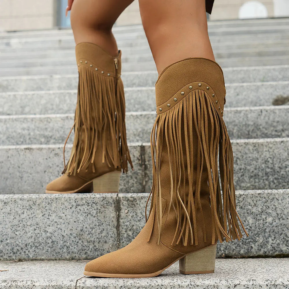 Women's Wide Calf Fringe Cowboy Boots