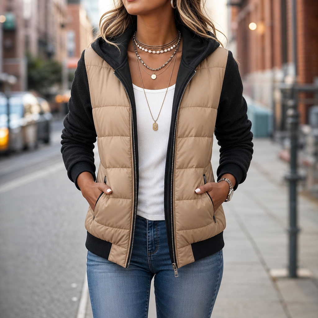 Women's Quilted Puffer Jacket with Knit Sleeves