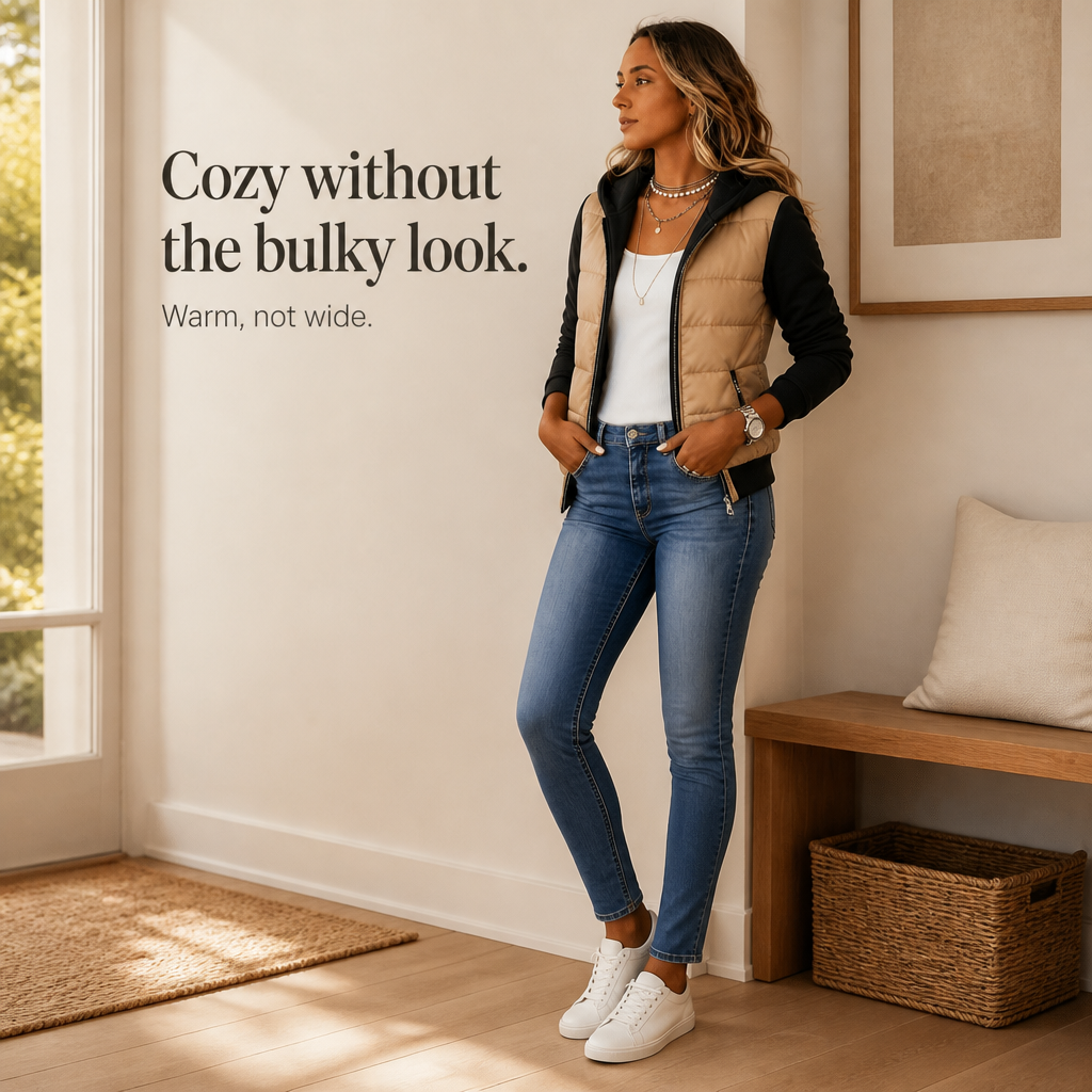 Women's Quilted Puffer Jacket with Knit Sleeves