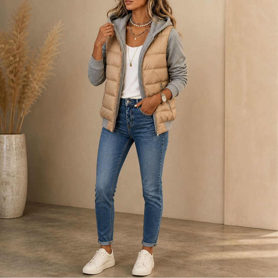 Women's Quilted Puffer Jacket with Knit Sleeves