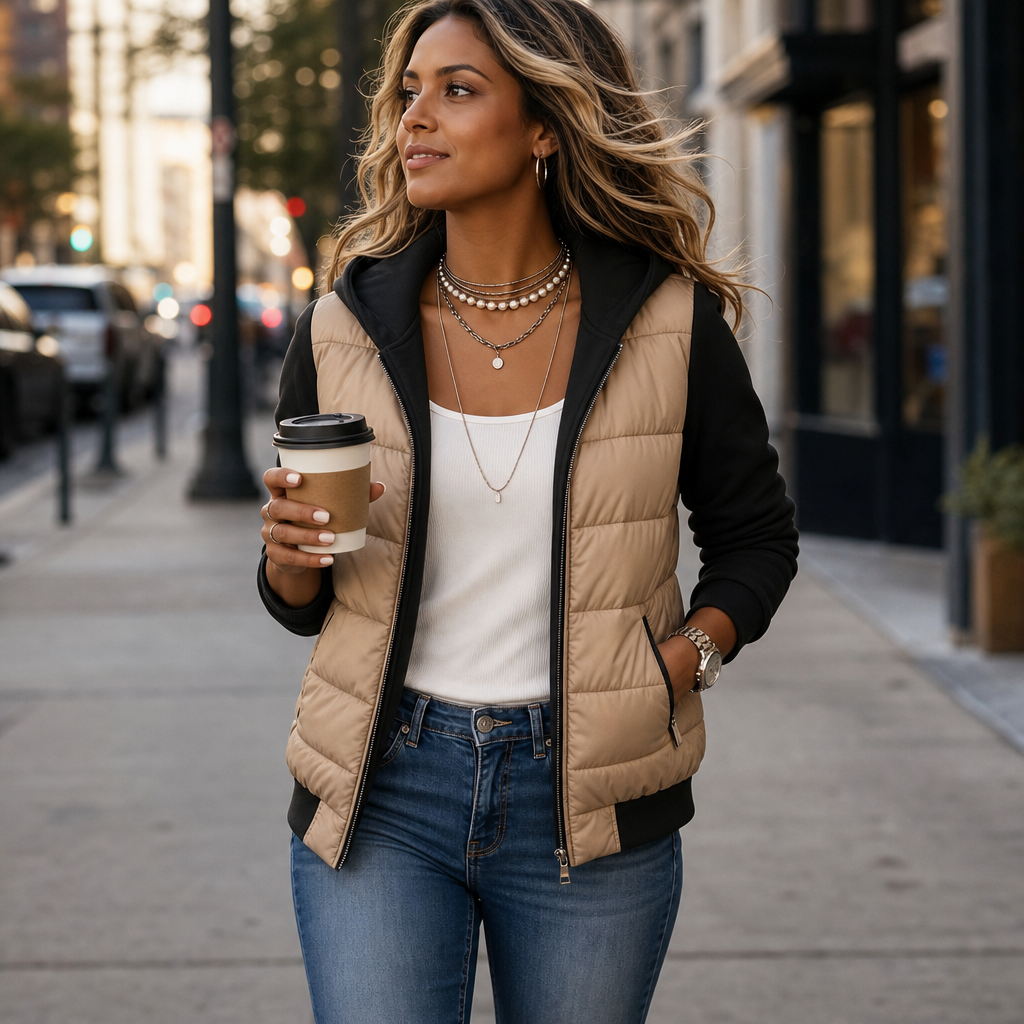 Women's Quilted Puffer Jacket with Knit Sleeves