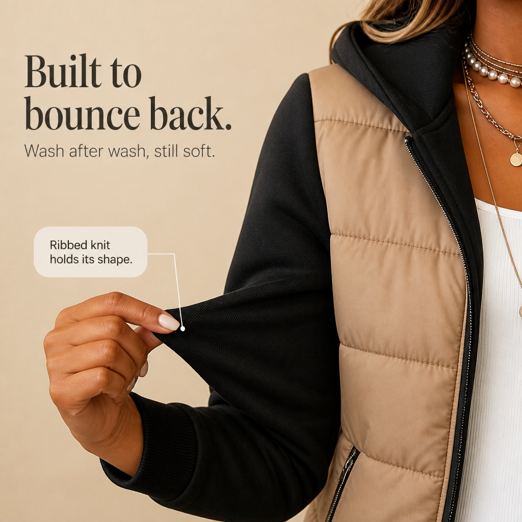 Women's Quilted Puffer Jacket with Knit Sleeves