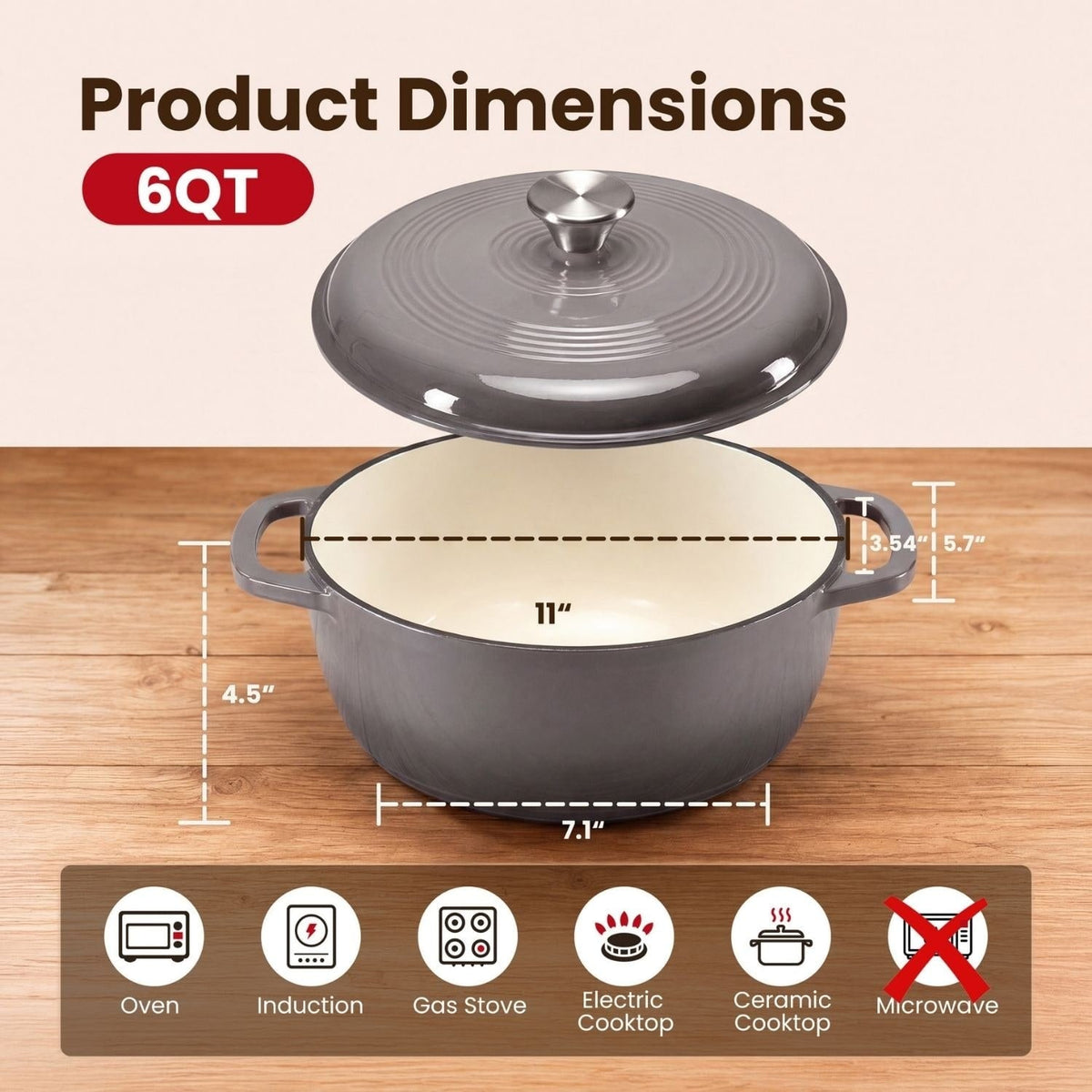Cast Iron Dutch Oven Pot with Dual Handles for Bread Baking and Braising 6 Quart - Image 3