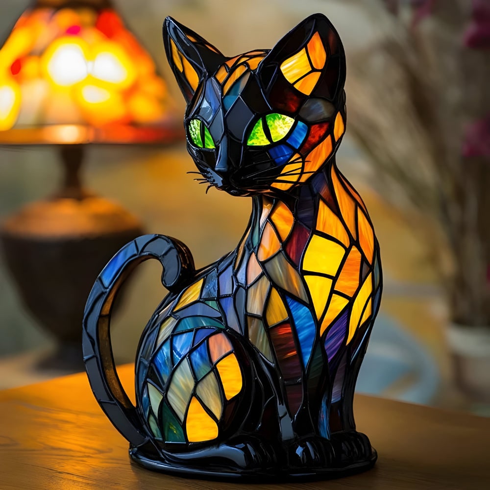 Cat Table Lamp with Stained Glass Mosaic Design and Color-Changing Bedside Light - Image 1