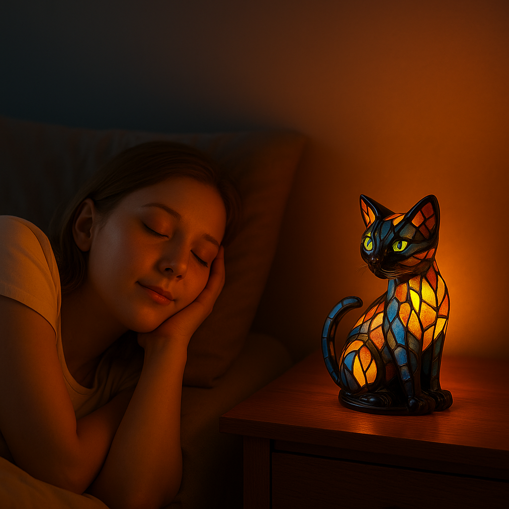 Cat Table Lamp with Stained Glass Mosaic Design and Color-Changing Bedside Light - Image 2