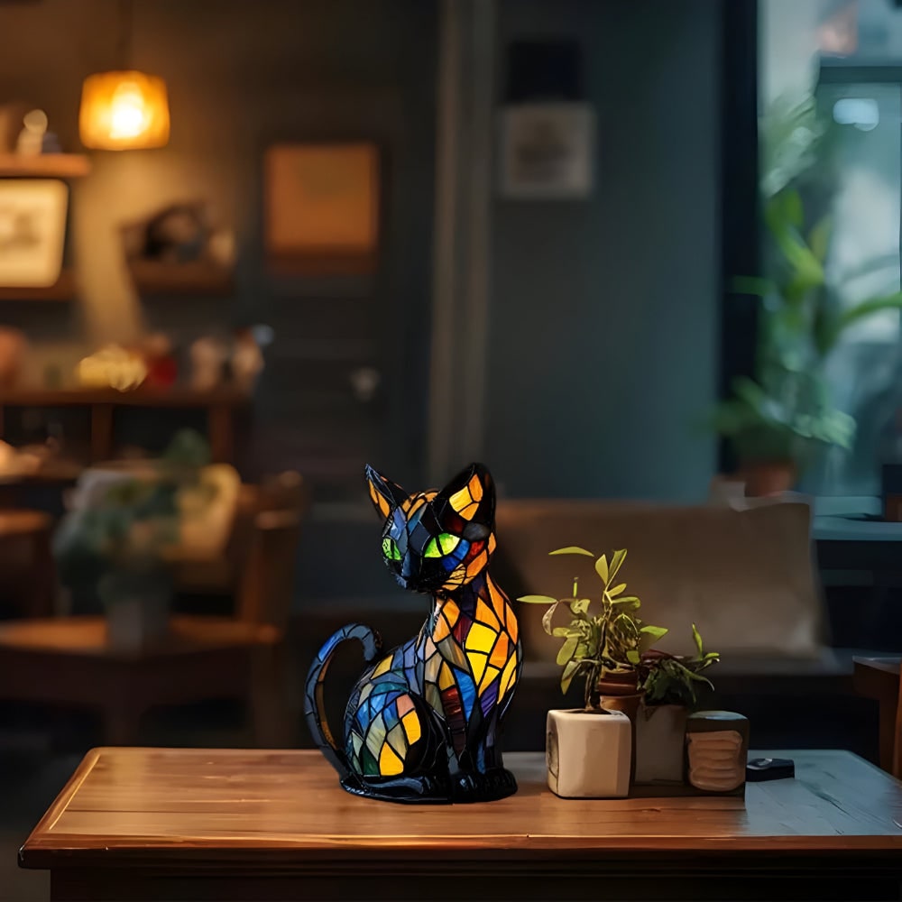 Cat Table Lamp with Stained Glass Mosaic Design and Color-Changing Bedside Light - Image 3