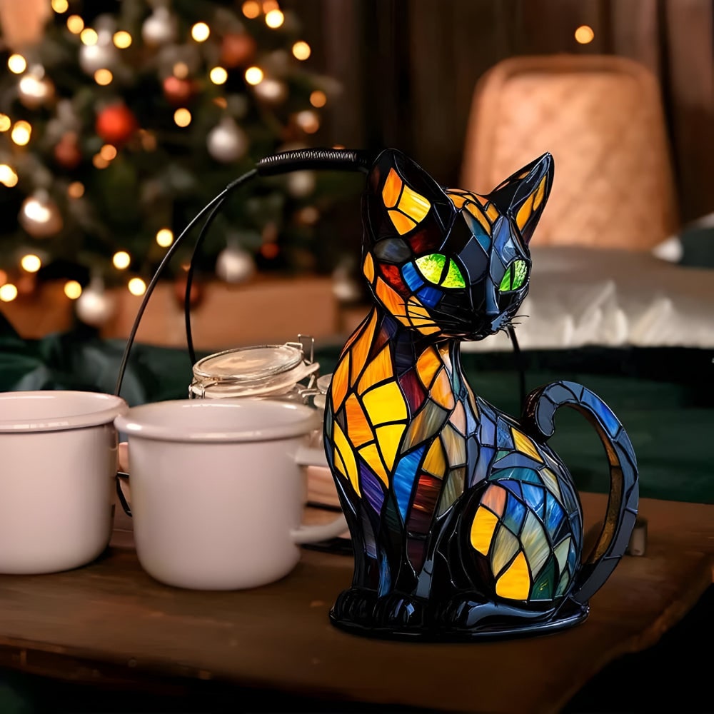 Cat Table Lamp with Stained Glass Mosaic Design and Color-Changing Bedside Light - Image 4