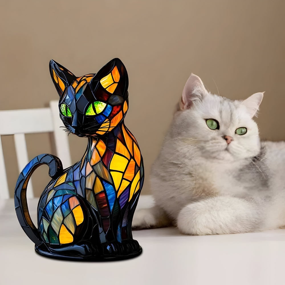 Cat Table Lamp with Stained Glass Mosaic Design and Color-Changing Bedside Light - Image 6