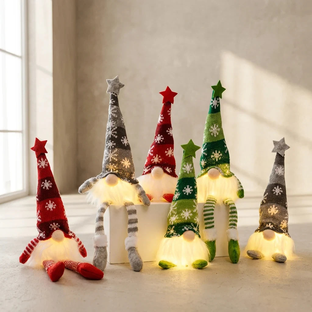 Christmas Gnome with Light Up LED Knit Snowflake Hat and Plush Fabric Body - Image 1