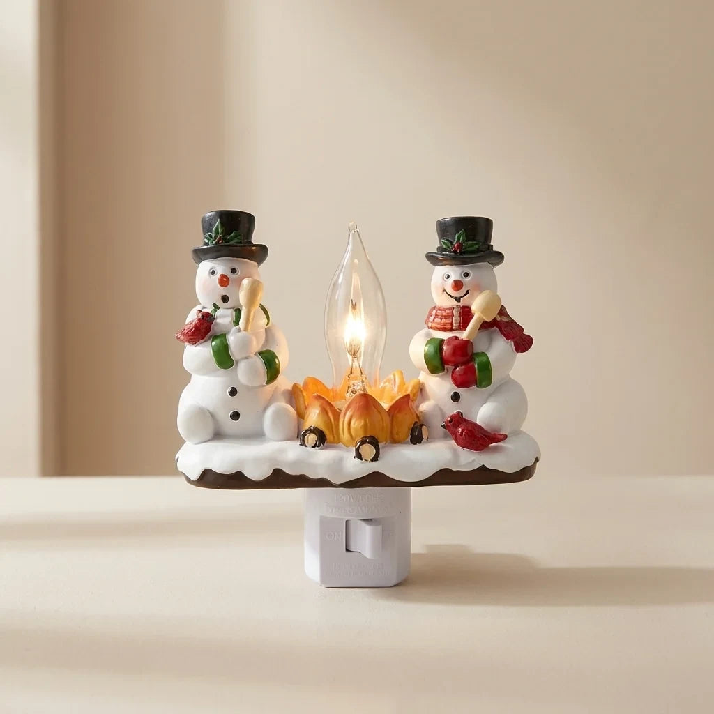 Christmas Night Lights Plug-In Snowman Campfire with Warm Yellow Flame and Cardinal Birds - Image 1