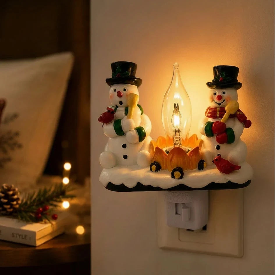 Christmas Night Lights Plug-In Snowman Campfire with Warm Yellow Flame and Cardinal Birds - Image 2