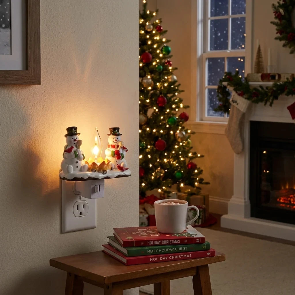 Christmas Night Lights Plug-In Snowman Campfire with Warm Yellow Flame and Cardinal Birds - Image 3