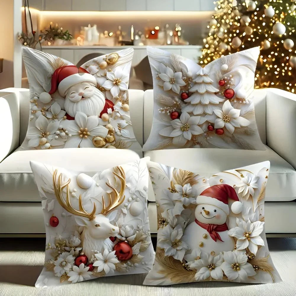 Christmas Pillow Covers Set of 4 Square Throw with 3D Santa Snowman Reindeer Tree Designs - Image 1