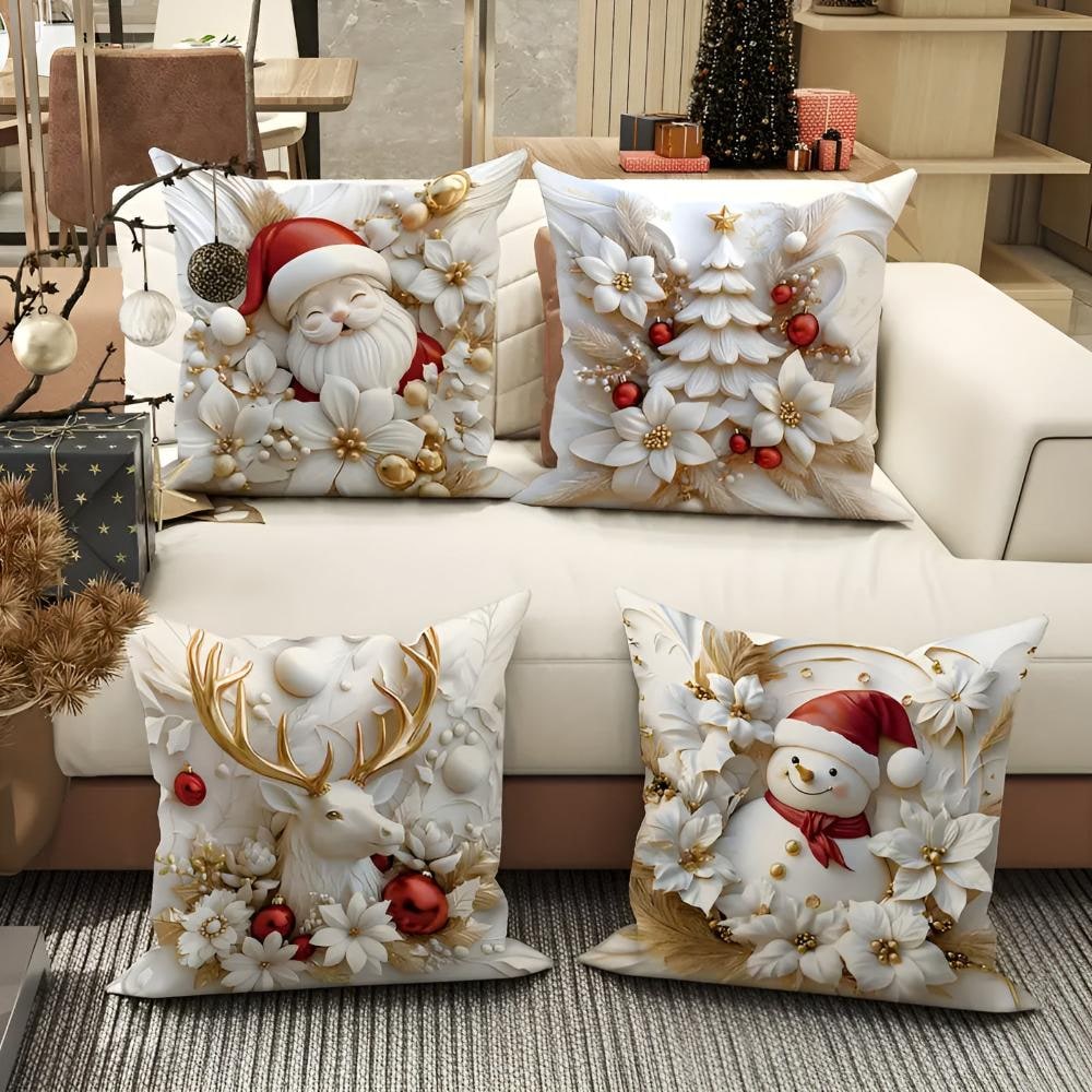 Christmas Pillow Covers Set of 4 Square Throw with 3D Santa Snowman Reindeer Tree Designs - Image 2