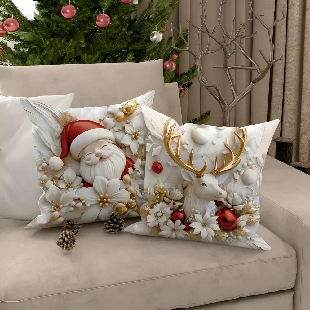 Christmas Pillow Covers Set of 4 Square Throw with 3D Santa Snowman Reindeer Tree Designs - Image 3