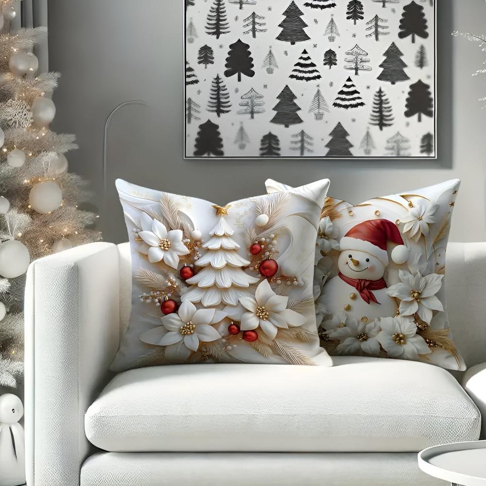Christmas Pillow Covers Set of 4 Square Throw with 3D Santa Snowman Reindeer Tree Designs - Image 4
