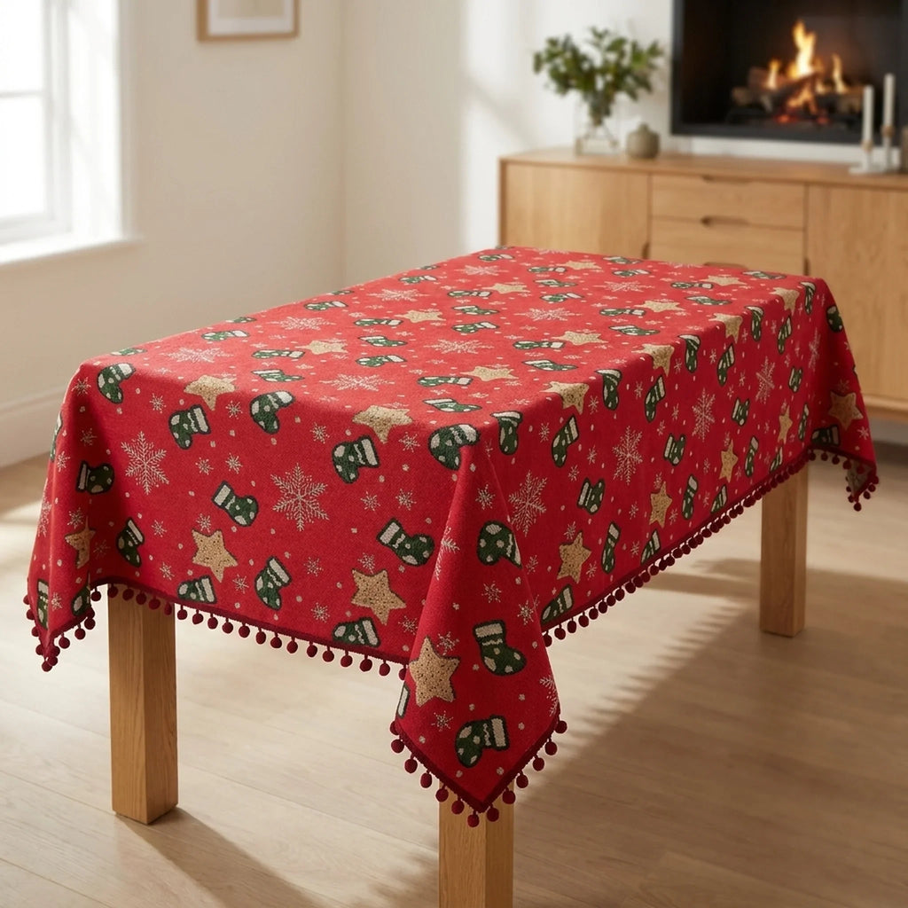 Christmas Tablecloth with Pom-Pom Fringe Snowflake and Stocking Pattern for Holiday Table Décor - Image 1