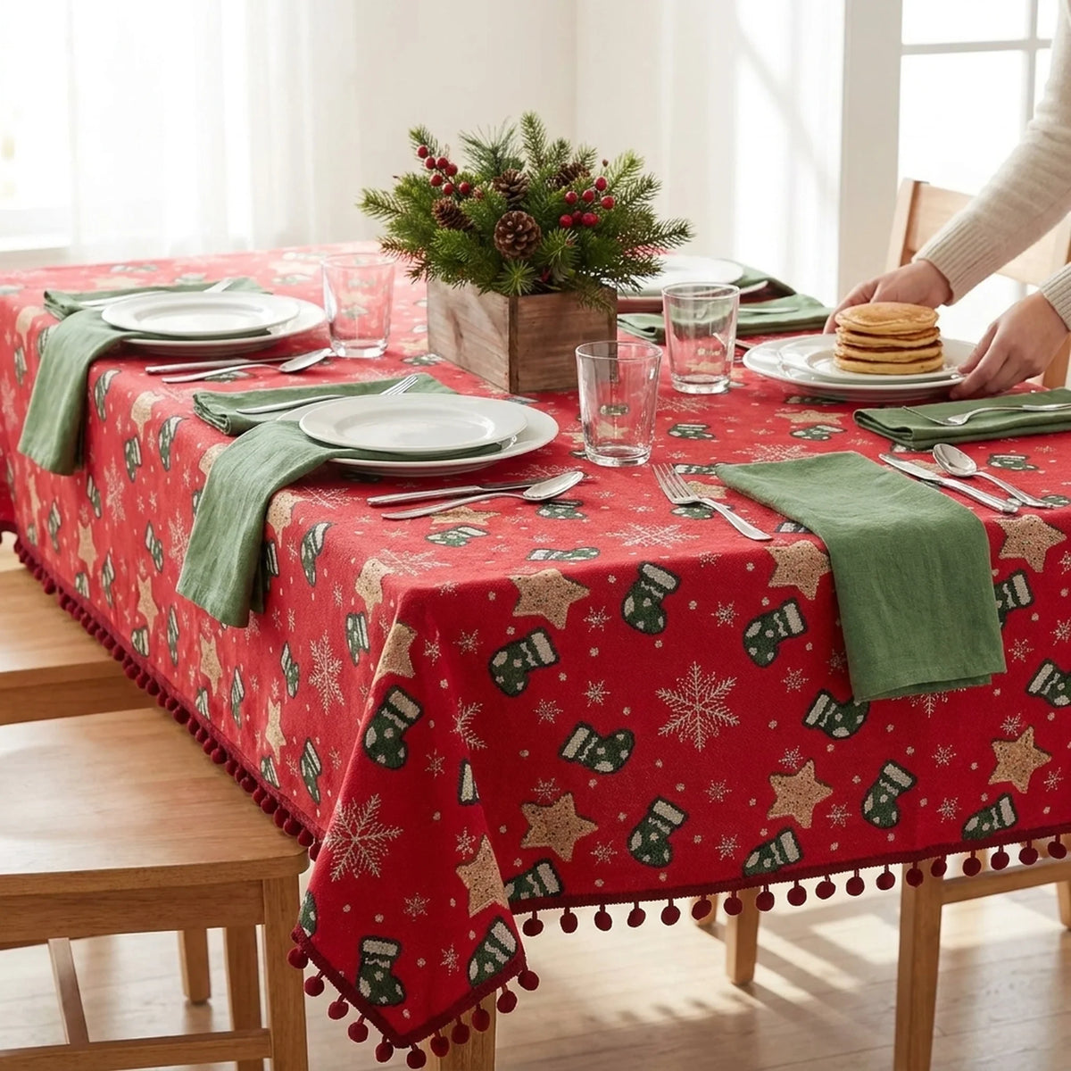 Christmas Tablecloth with Pom-Pom Fringe Snowflake and Stocking Pattern for Holiday Table Décor - Image 2