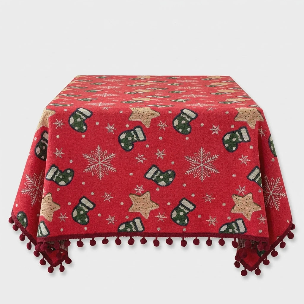 Christmas Tablecloth with Pom-Pom Fringe Snowflake and Stocking Pattern for Holiday Table Décor - Image 3