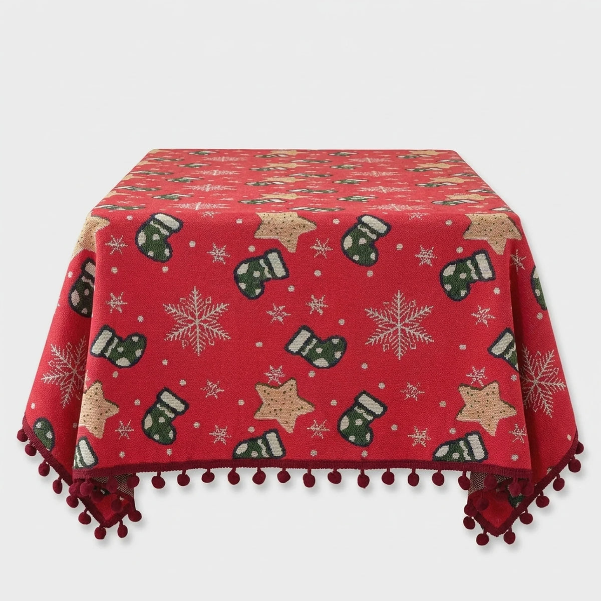 Christmas Tablecloth with Pom-Pom Fringe Snowflake and Stocking Pattern for Holiday Table Décor - Image 3