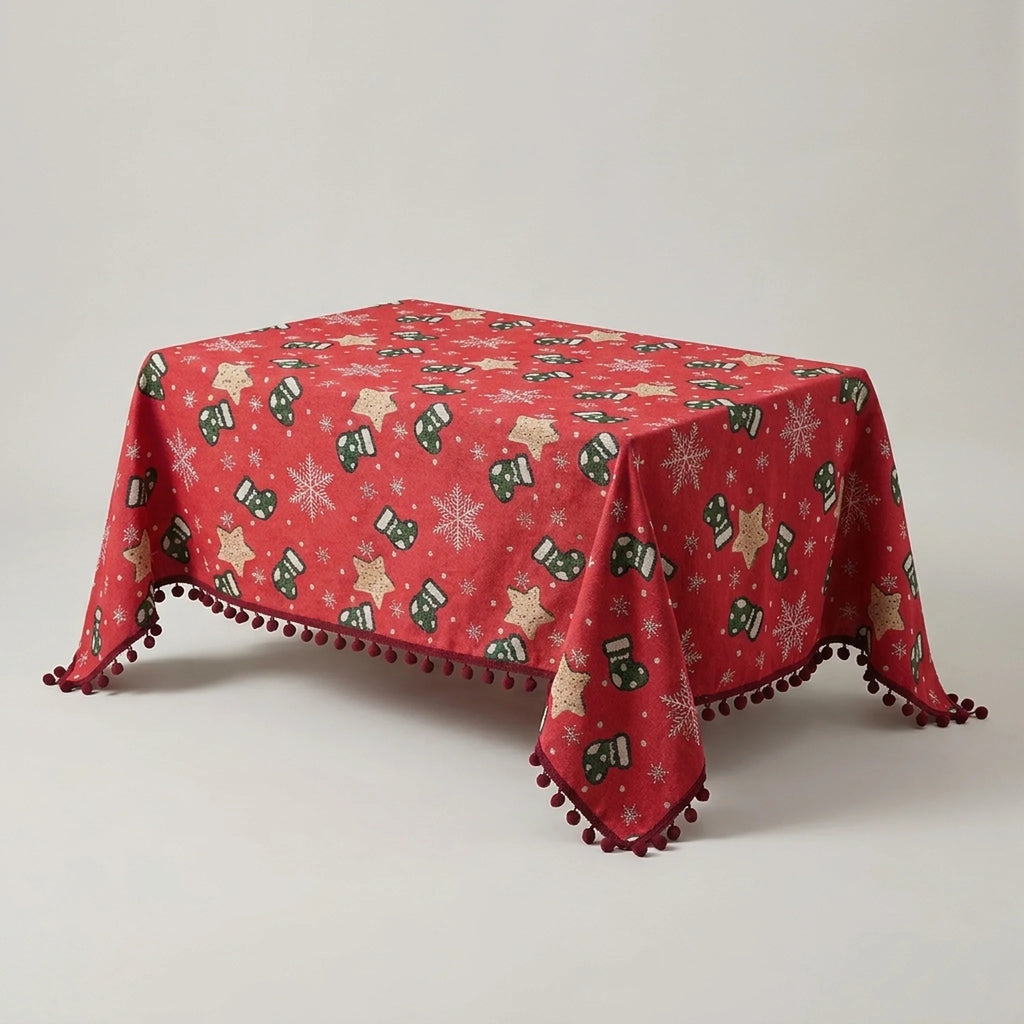 Christmas Tablecloth with Pom-Pom Fringe Snowflake and Stocking Pattern for Holiday Table Décor - Image 4