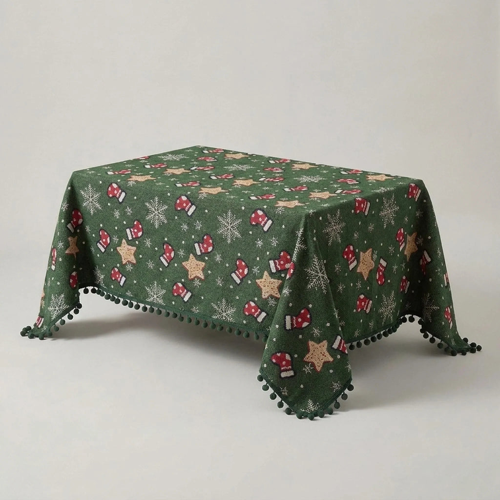 Christmas Tablecloth with Pom-Pom Fringe Snowflake and Stocking Pattern for Holiday Table Décor - Image 5