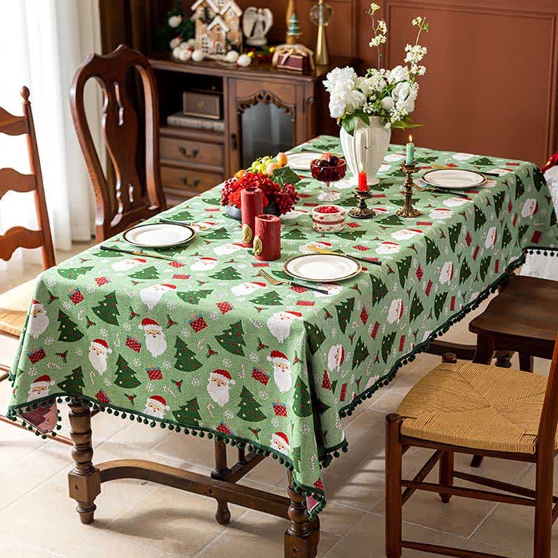 Christmas Tablecloth with Pom-Pom Trim Woven Festive Holiday Table Linens - Image 1