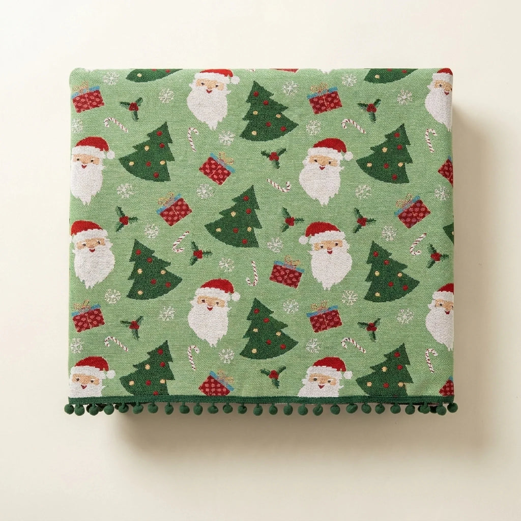 Christmas Tablecloth with Pom-Pom Trim Woven Festive Holiday Table Linens - Image 2