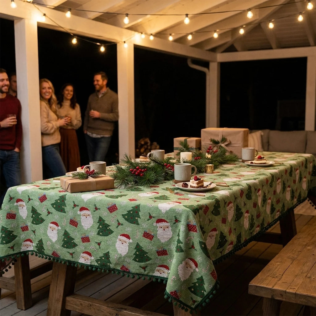 Christmas Tablecloth with Pom-Pom Trim Woven Festive Holiday Table Linens - Image 4