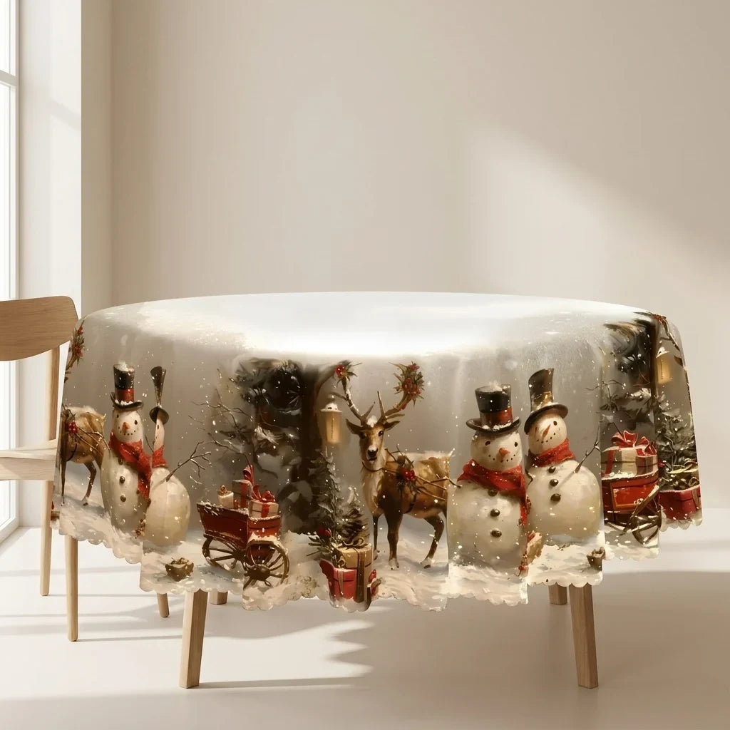 Christmas Tablecloth with Snowman and Reindeer Design Festive White Cloth with Scalloped Hem - Image 1