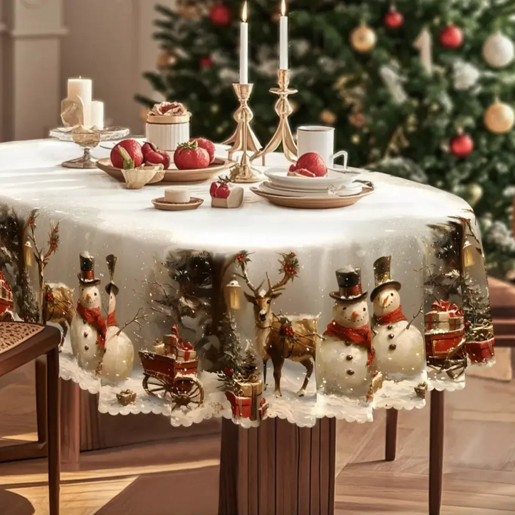 Christmas Tablecloth with Snowman and Reindeer Design Festive White Cloth with Scalloped Hem - Image 2