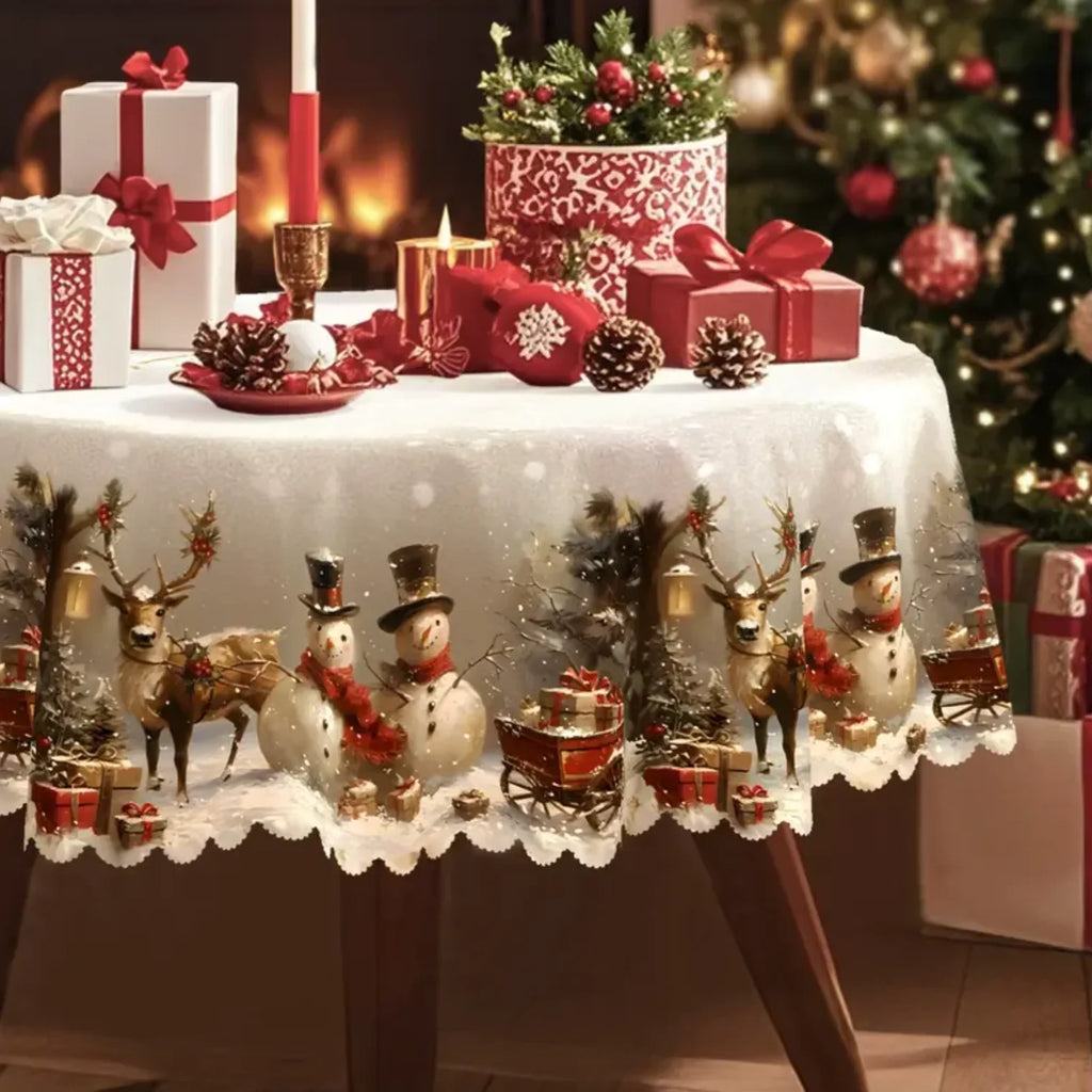Christmas Tablecloth with Snowman and Reindeer Design Festive White Cloth with Scalloped Hem - Image 3