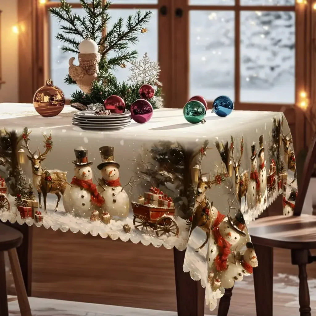 Christmas Tablecloth with Snowman and Reindeer Design Festive White Cloth with Scalloped Hem - Image 4