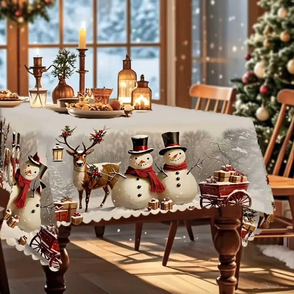 Christmas Tablecloth with Snowman and Reindeer Design Festive White Cloth with Scalloped Hem - Image 6